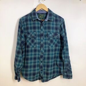 Woolrich Mens Flannel Shirt Medium Teal Navy Blue Plaid Button Down Cotton